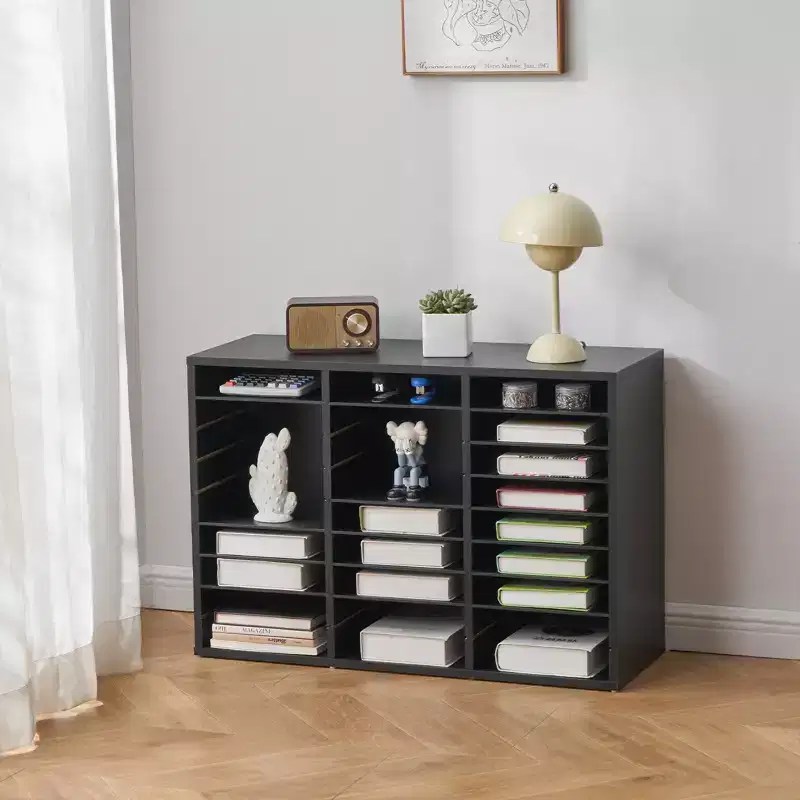 Literature Organizer, 27 Compartments Office Mailbox with Removable Shelves, Wooden Mailbox Sorter Particle Board, Black