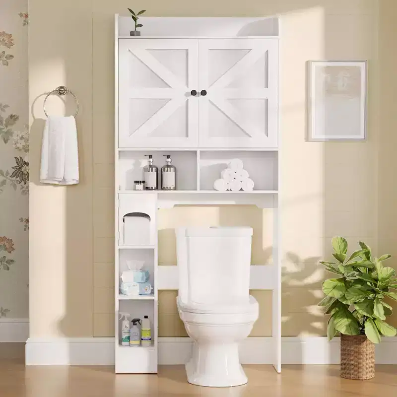70 Over The Toilet Storage Cabinet with Barn Doors, Tall Bathroom Rack with Toilet Paper Holder, for Restroom, Laundry, White