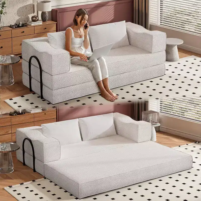MooxvMoo 80 Convertible Couch Bed with 2 Pillows, 3 Seat Floor Sofa, King Size Sleeper, DIY Combination, Chenille, Beige White