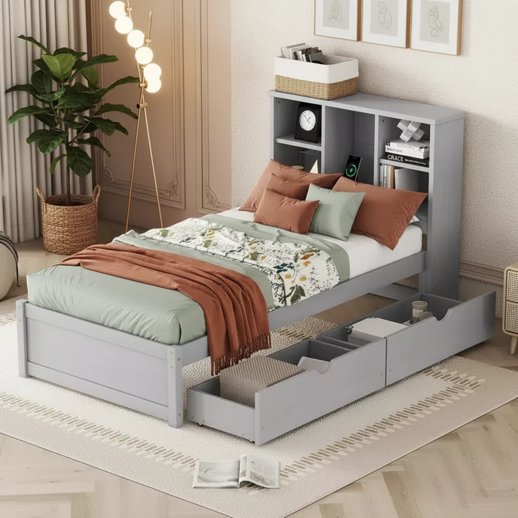 Modern Twin Size Bed Frame With Bookcase Headboard, USB Port and 2 Drawers