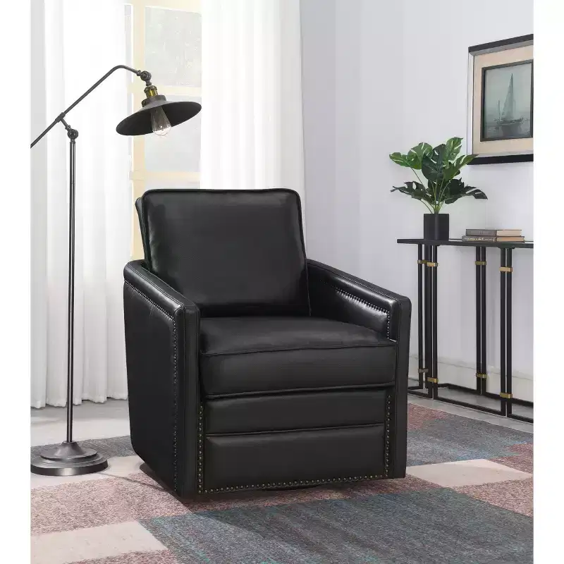 30" Chair Black Leather : Swivel, Removable Cushions, Faux Leather, Wood Frame, Contemporary Style