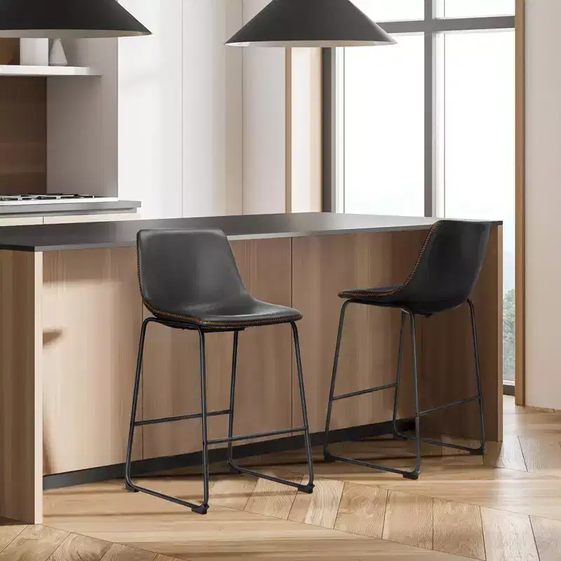 Industrial Upholstered Bar Stools with Metal Legs & Footstools,Armless Faux Leather Counter Chairs for Dining Rooms
