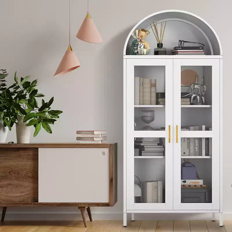 73 Arched Metal Storage Cabinet, Kitchen Pantry Cabinet with Glass Doors, Freestanding Display Cabinet with 2 Adjustable Shelves