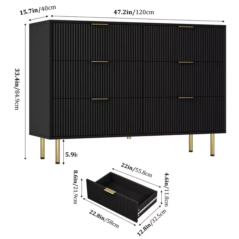 Fluted 7-Drawer Wood Dresser, Modern Black with Gold Handle for Bedroom, Black