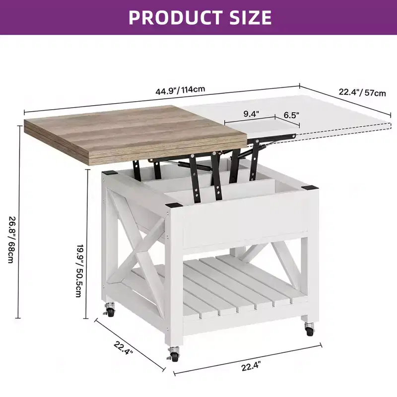 3-In-1 Lift Top Square Coffee Table With Wheels Stools Multi-Function 2 Tier Dining Table With Hidden and Open Storage Living Room Dining Room