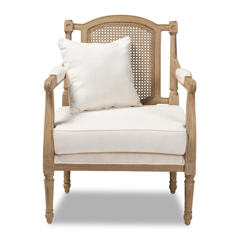 Ivory French Provincial Armchair, Single Seat, Carved Mahogany & Rattan