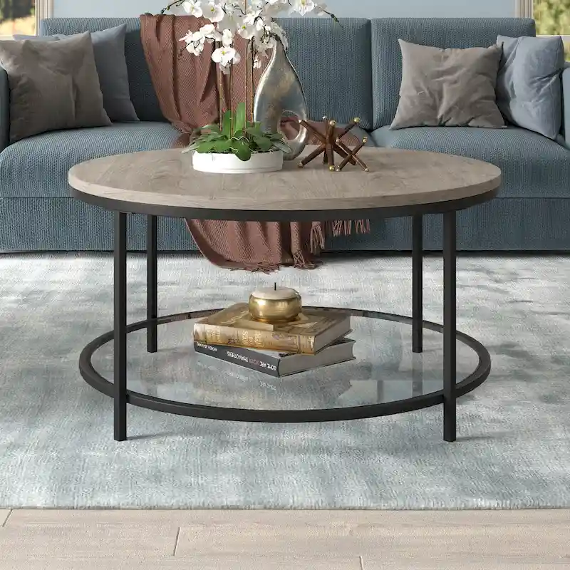 Sevilla 32 Wide Round Coffee Table with MDF Top and Glass Shelf - 32 Wide