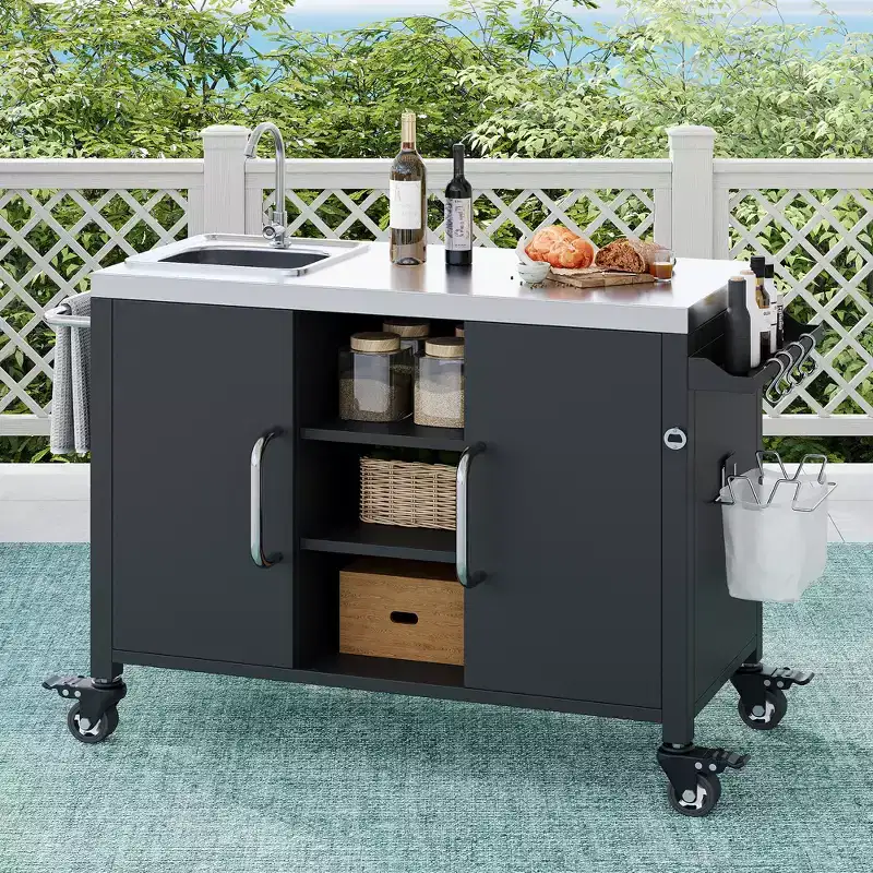 55.5 Outdoor Kitchen Island with Sink, Stainless Steel Prep Table with Spice Rack & Lockable Wheels, BBQ Grill Cart Station, Black - ModernLuxe