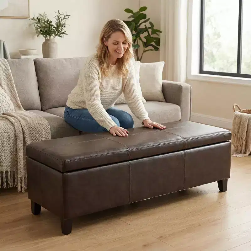 Faux Leather Upholstered Storage Ottoman Bench for Living Room & Bedroom