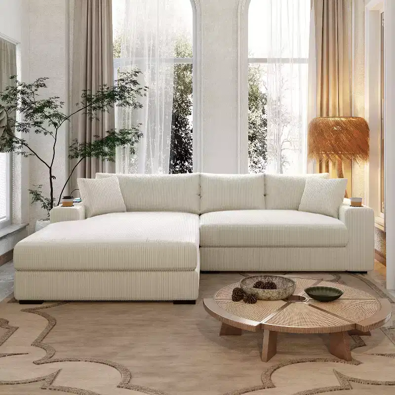 Christopher Knight Home Tess Oversized Corduroy Upholstered Sectional Sofa with Charging Ports and Cup Holders