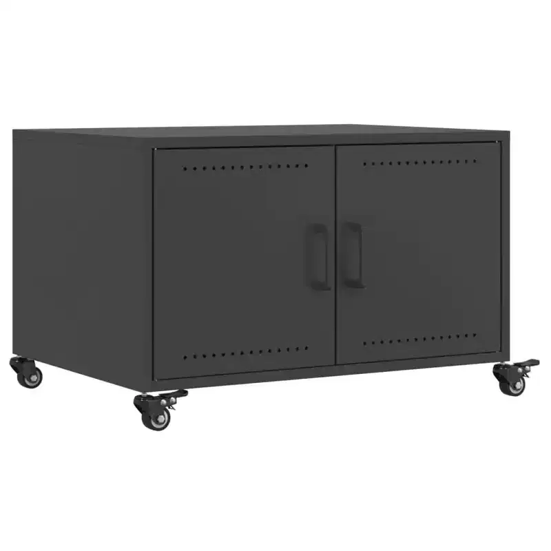Black Steel Coffee Table with Lockable Wheels & Storage Doors