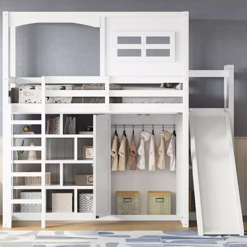 Twin Size Wood Loft Bed with Wardrobe, Storage Shelves, Slide & 7-Color LED Lights, Sturdy Pine/MDF Frame, White