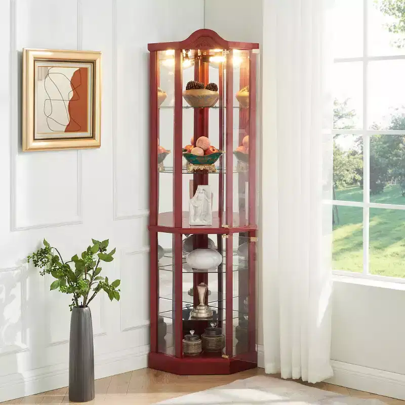Corner Glass Display Cabinet with Light, Carved Decoration, and Adjustable Shelves for Bar or Wine Storage