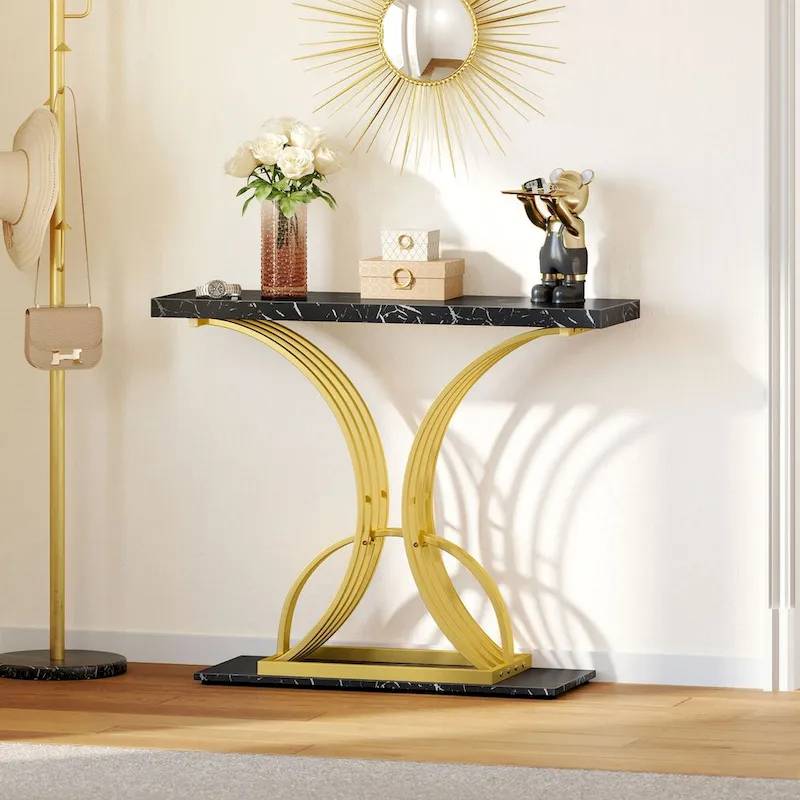 Slim Faux Marble Console Table with C-Shape Gold Metal Base – Black/Gold / White/Gold, 1-Unit