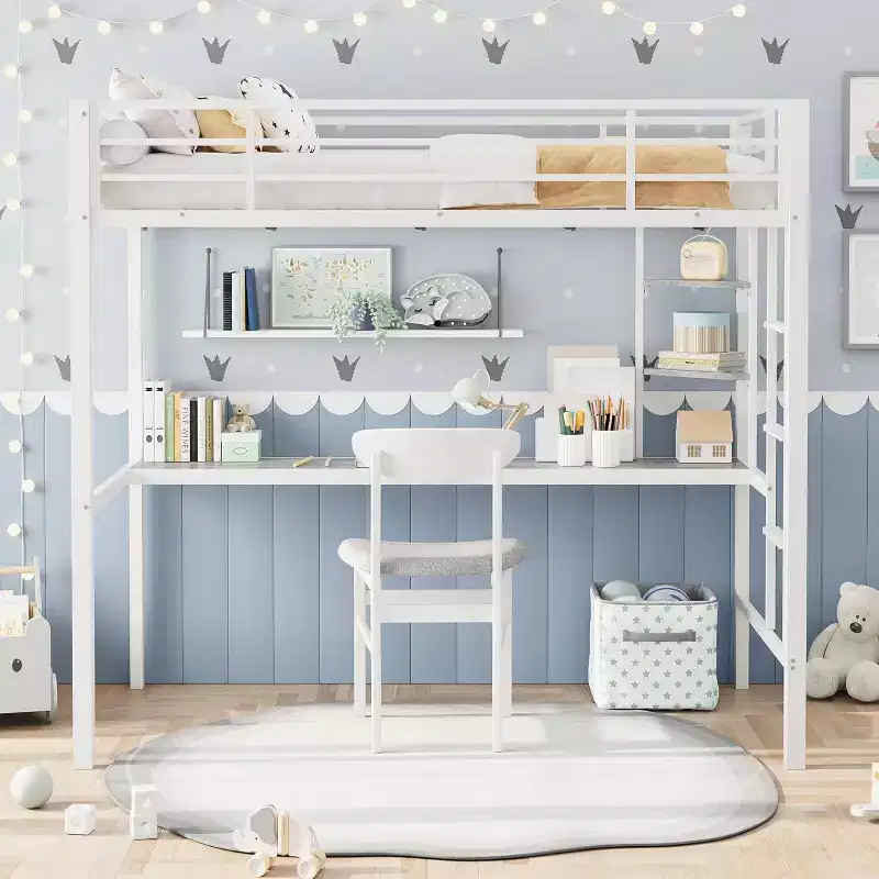 COZONY Loft Bed with Desk and Storage Shelves, Sturdy Metal Frame with Safety Guardrail for Kids Adults