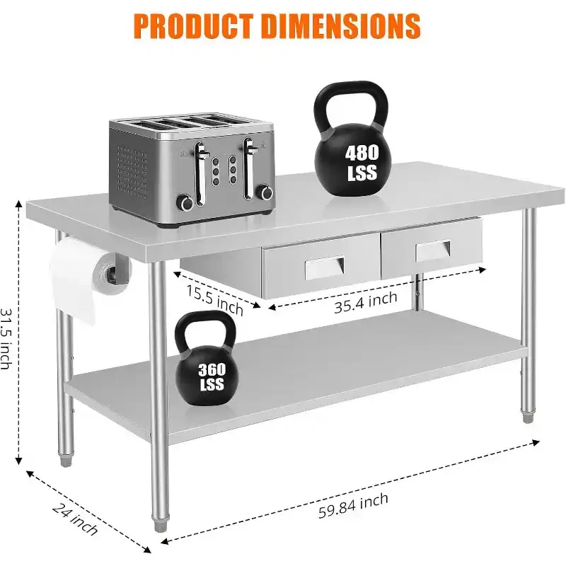 60 X 24 Stainless Steel Workbench, with 2 Drawers, Paper Towel Holder, Metal Dining Prep Table, Kitchen Drawer Organizer