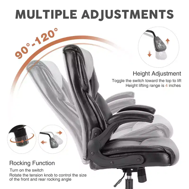 Adjustable Flip-up Armrest PU Leather Office Chair with Lumbar Support and Strong Metal Base