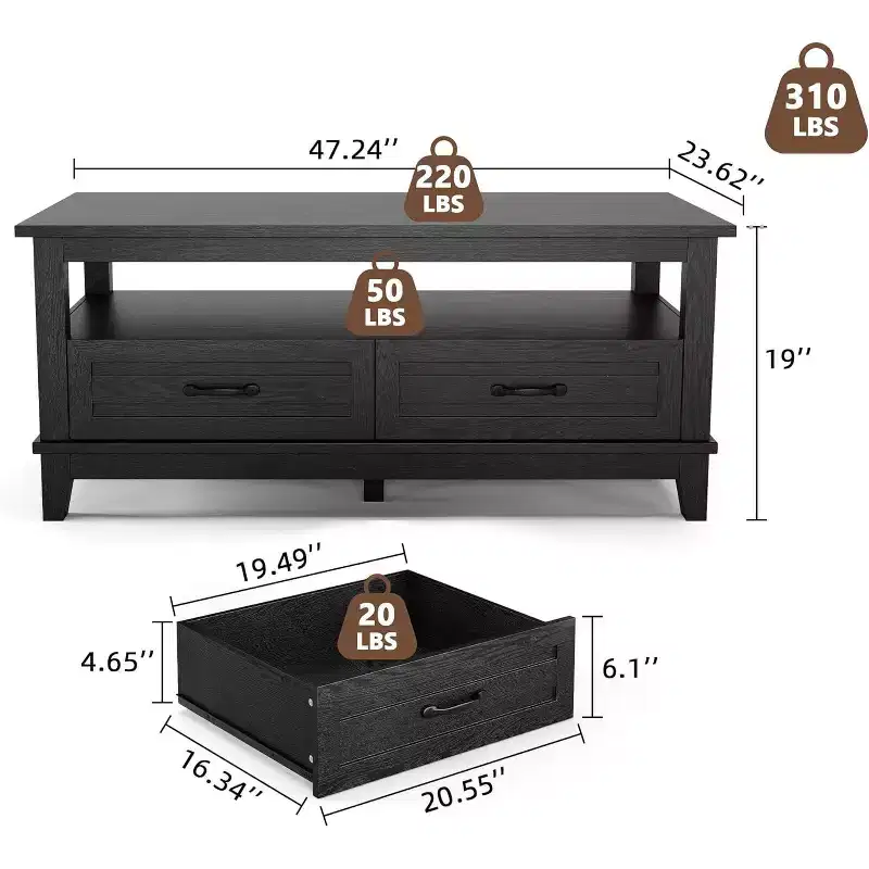 47 Inch Farmhouse Coffee Table, Rustic Wood Center Table with 2 Storage Drawers and Open Shelf, Rectangle Tables, Living Room
