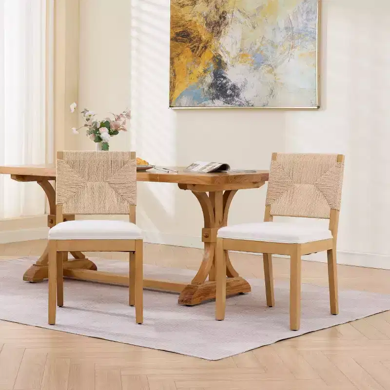 Mid-Century Modern Dining Chairs Set of 2, Solid Wood Dining Room Chairs with Woven Backrest, Linen Upholstered Seat for Kitchen-Panipeachy