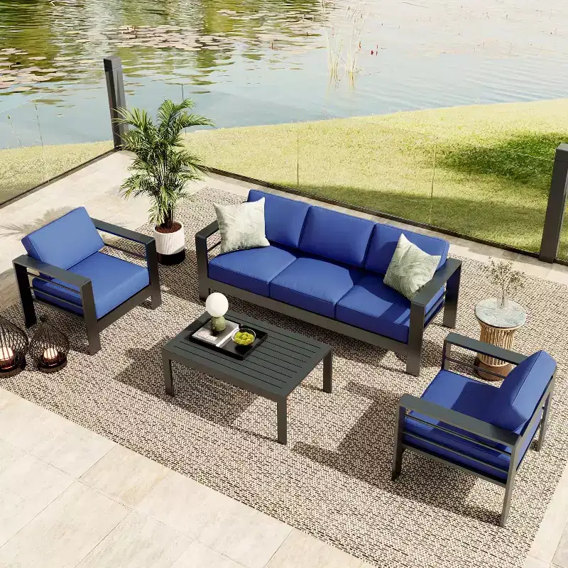 Blue 4-Piece Aluminum Patio Set C Outdoor Sectional Sofa with Coffee Table & Cushions