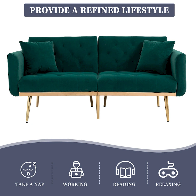 Velvet Upholstered Tufted Loveseats Sleeper Sofa With Rose Golden Legs