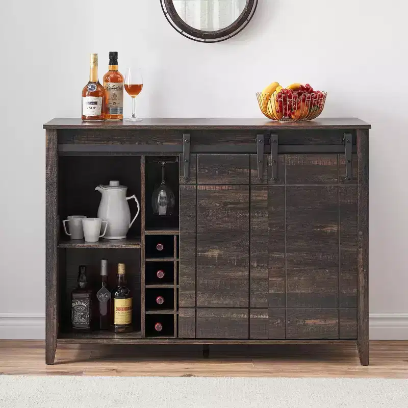 Farmhouse Sliding Barn Door Bar Cabinet with Wine & Glass Storage - 47 Sideboard Buffet & Coffee Station