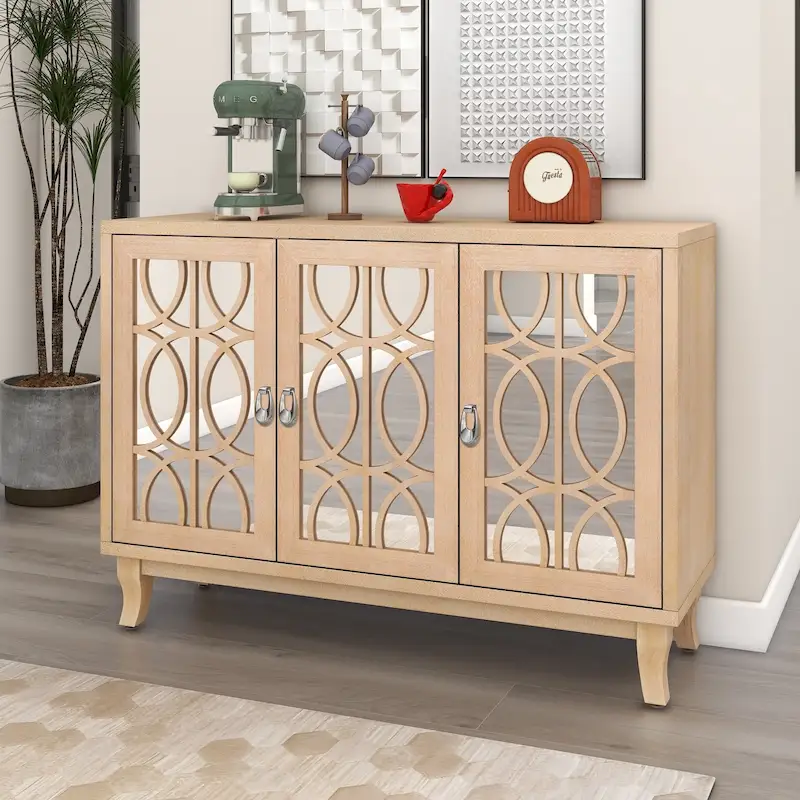 3 Door Mirrored Buffet CabinetSideboard with Glass Doors Dining Room