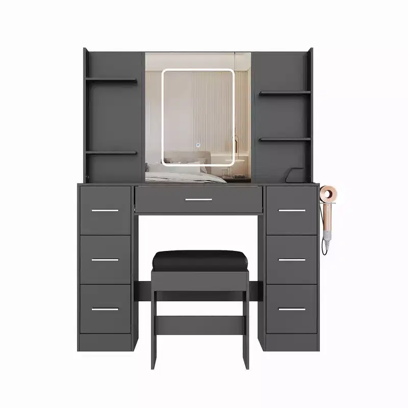 Vanity Desk with Stool, Bedroom Vanity Table Set, Hair Dryer Rack, Open Shelves, 7 Drawers, 3 Color Modes Brightness Adjustable Dressing