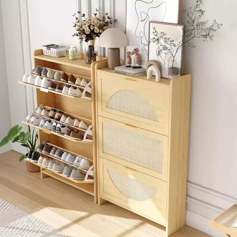 Modern narrow shoe cabinet for entryway  3 drop-down drawers and rattan doors  MDF wood storage unit  Natural oak style shoe organizer