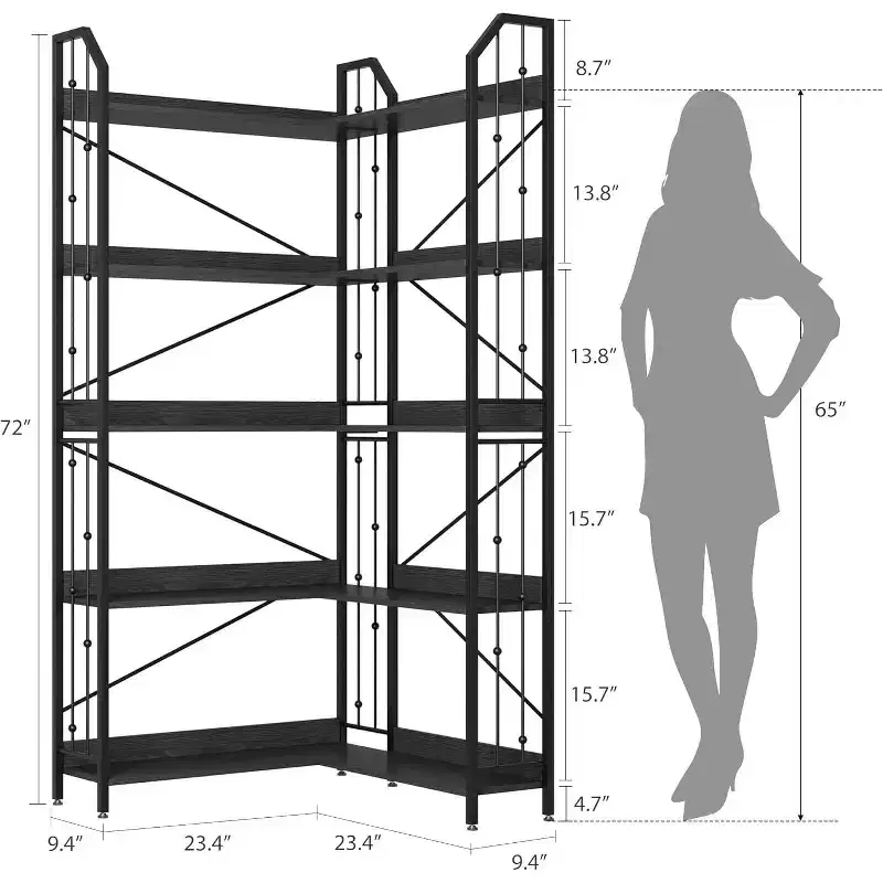 Corner 5 Tier Bookshelf, 72 l Shaped Tall Bookcase Shelf Storage Organizer, Modern Book Shelf for Bedroom, Living Room and Home Office