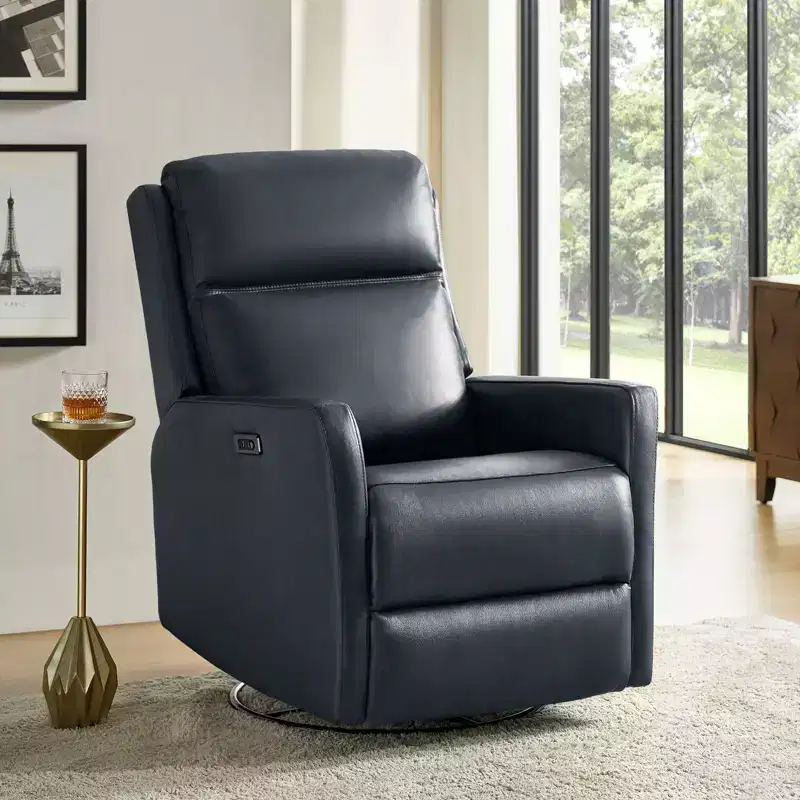Mario Genuine Leather Transitional Power Recliner with USB Ports| ART OF LIVING DESIGNS-NAVY
