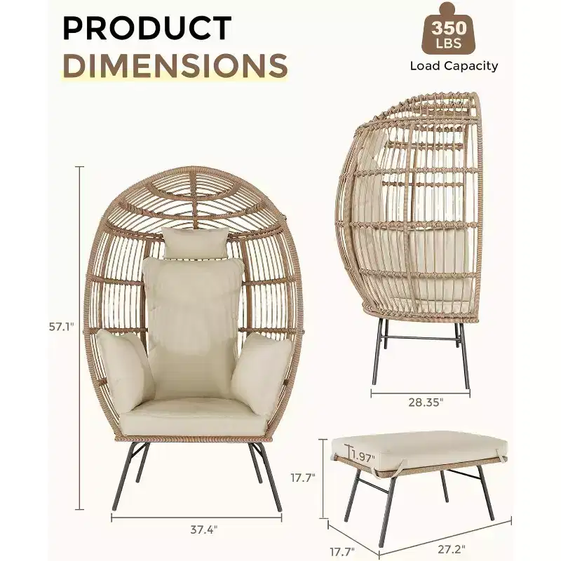 Outdoor Wicker Egg Chair with Ottoman, Oversized Rattan Patio Lounge Chairs, Thick Cushion, 440LBS, for Patio, Porch, and Backyard Relaxation