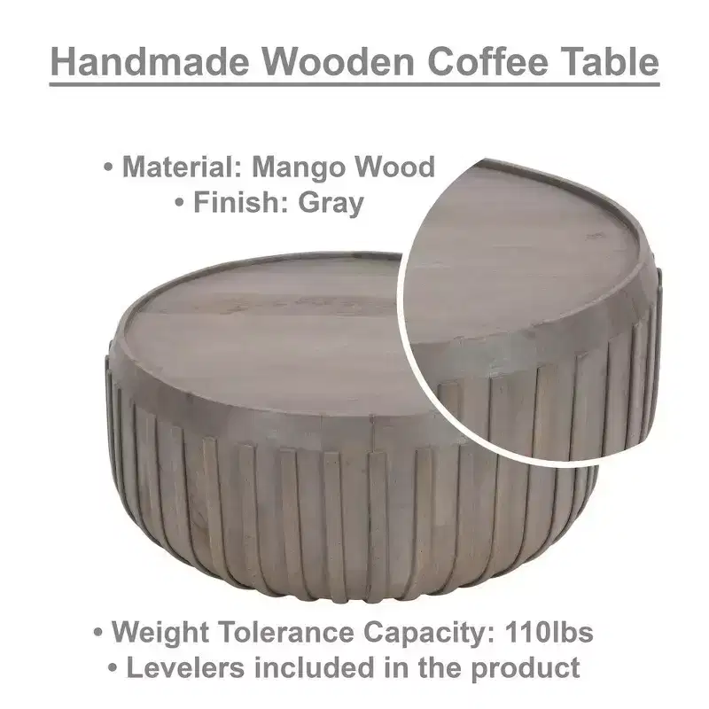36 Inch Coffee Table, Handcrafted Drum Shape with Ribbed Edges, Mango Wood
