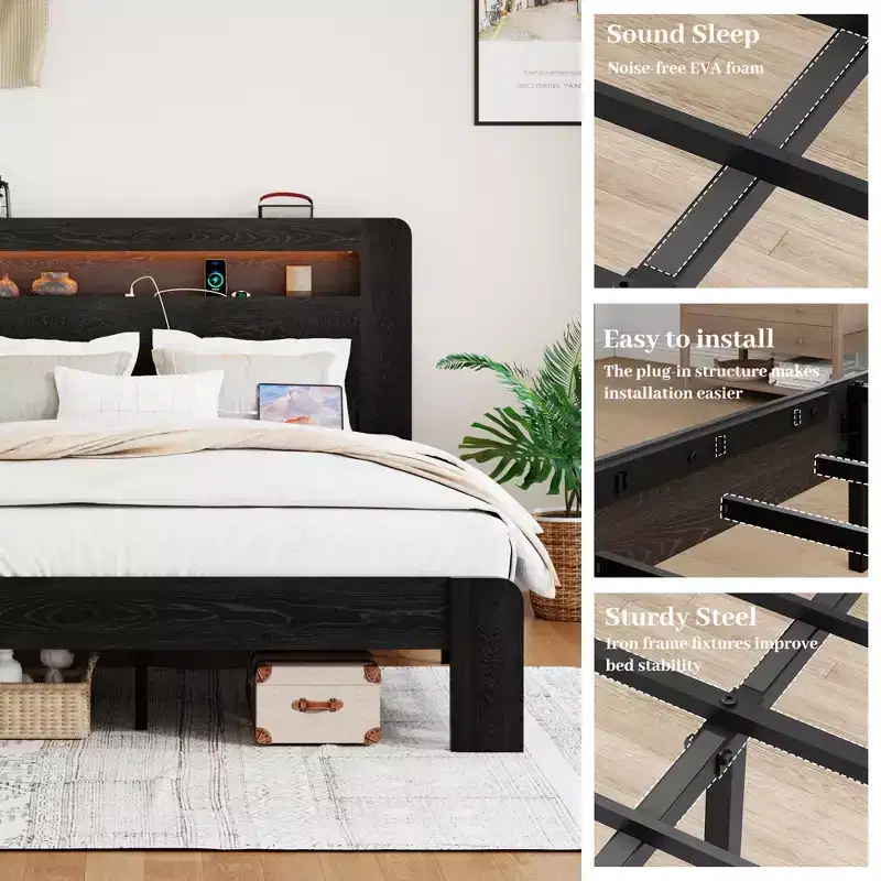 Full/Queen/King Size Platform Bed with LED Storage Headboard, Wood Platform Bed Frame with 2 USB, Large Under Bed Storage