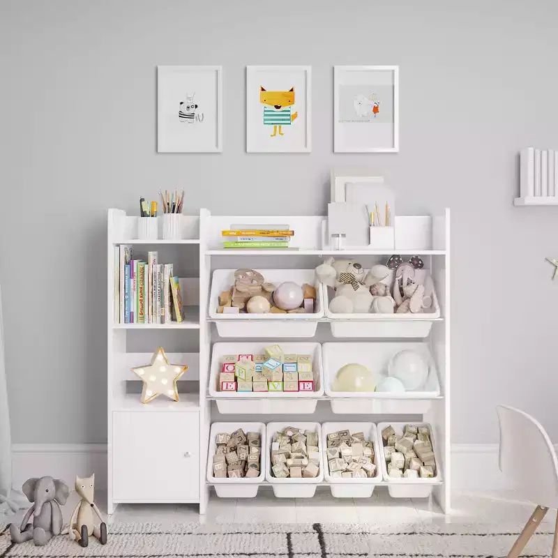 Kids Toy Storage Organizer with Bookshelf and 8 Toy Bins, Children's Playroom Storage Unit