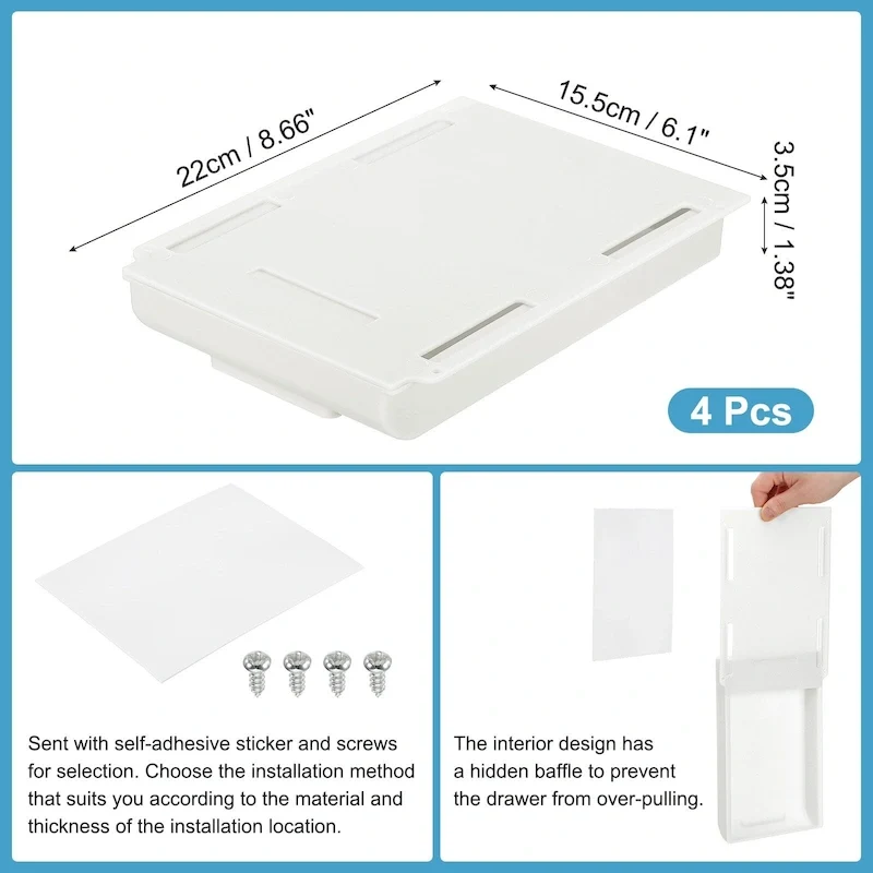 4 Pcs Self-Adhesive Under Desk Drawer for Standing Desk Office - 8.66 x 6.1 x 1.38 inches
