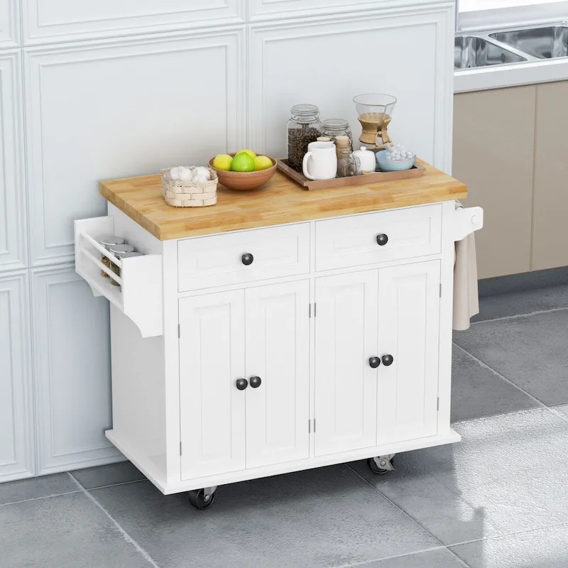 43.31 in. Kitchen Island Cart with 2 Cabinets and Spice Rack