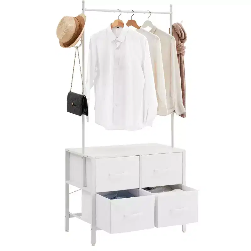Clothing Rack with 4 Drawers, Freestanding Closet Organizer, Clothes Stand Dresser with Steel Frame & Wooden Top