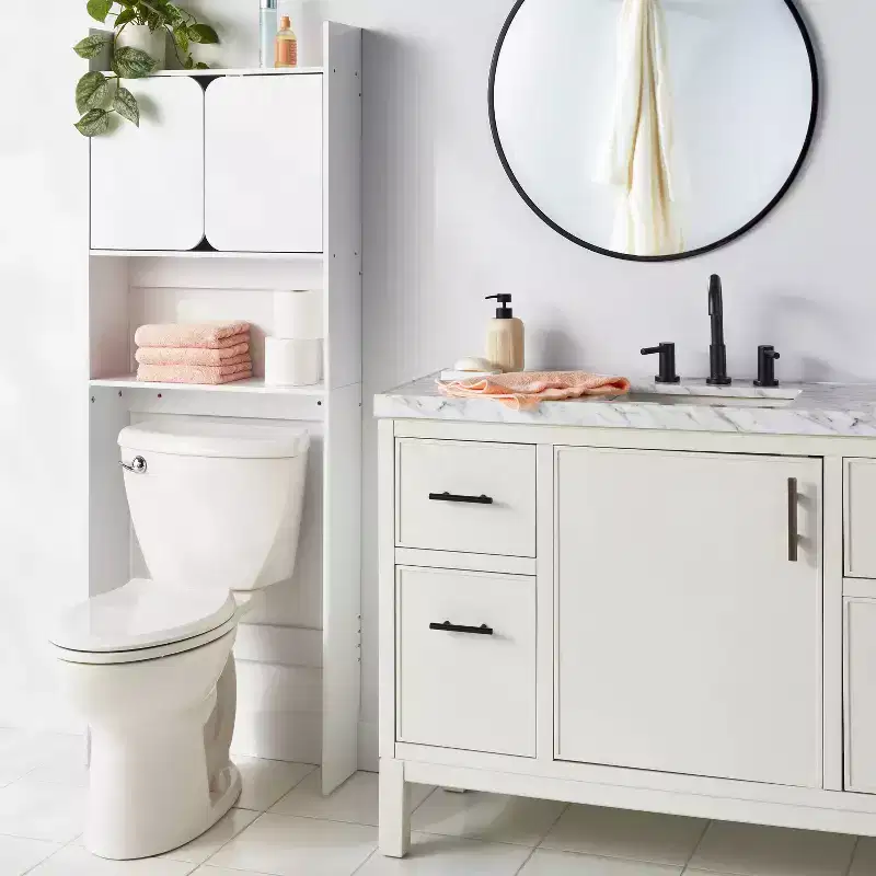 Laminate Bath Etagere, Freestanding Bathroom Storage Tower with Shelves