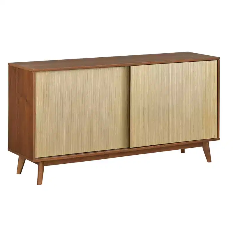 Lifestorey Flory Sideboard with Sliding Doors Walnut: Mid-Century Modern Buffet Server, Adjustable Shelves