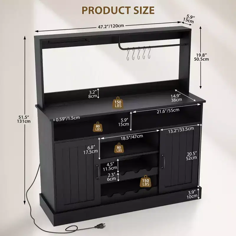 47 Farmhouse MDF Coffee Bar Cabinet with Power Outlet - Wine Rack, Glass Holder & Hooks for Dining Room (Black/Dark Gray)