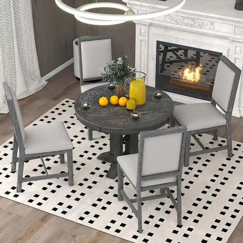 Wooden Round Drop Leaf Extendable Dining Table Set with 4 Upholstered Chairs