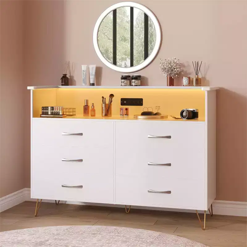 Dresser with LED Light & Charging Station, Storage Cabinet with 6 Drawers and 2 Open Shelves