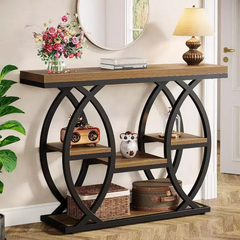 Lantine 39.4 Console Table, Industrial 4-Tier Sofa Table Entryway Table with Storage Shelves and Metal Frame for Small Spaces, Hallway, Foyer, Brown