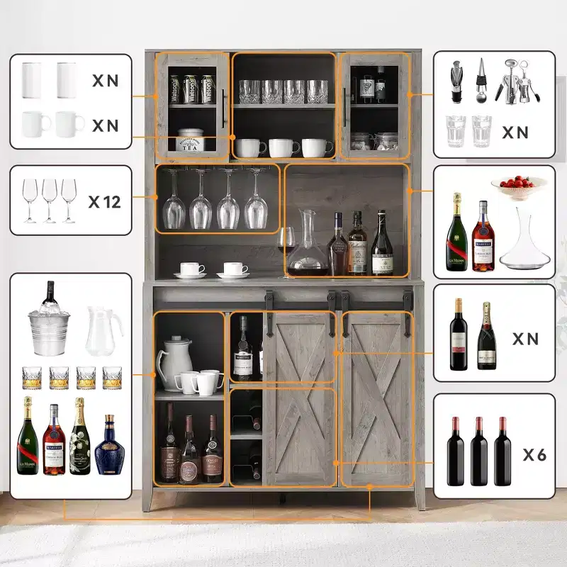 Farmhouse Bar Cabinet with Sliding Barn Door, 70 Rustic Storage Buffet with Wine Rack & Glass Holder for Kitchen, Dining Room or Home Bar