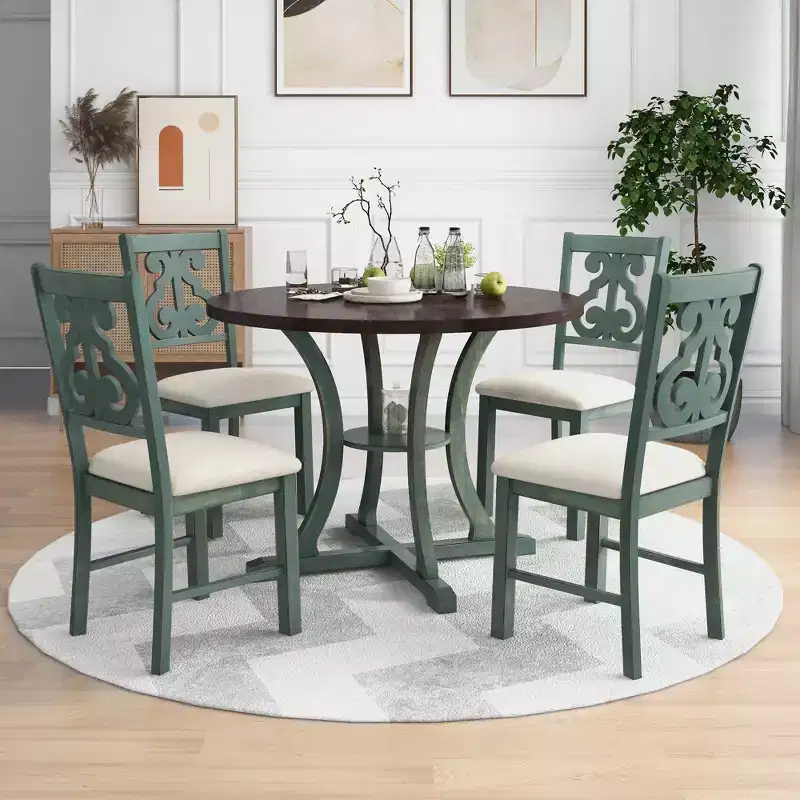5 Pieces Wooden Round Dining Table and Chair Set with Special-shaped Legs and Exquisitely Designed Hollow Chair Back for Kitchen