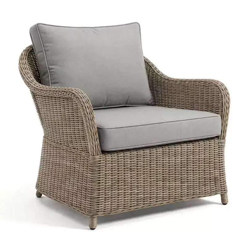 Martha Stewart Lily Pond Indoor-Outdoor Patio Club Chair in Weathered Gray Rattan Wicker with Gray All-Weather Cushions