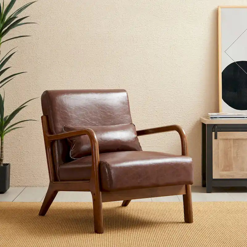Glitzhome 30.75H Mid-Century Modern PU Leather Armchair Accent Chair with Pillow - 25.75W x 33.75D x 30.75H