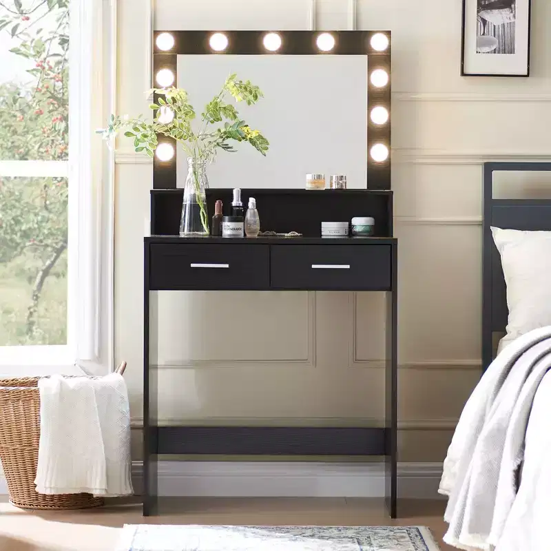 Okak Elegent Vanity Desk with Wide Mirror, Small Vanity Desk with 2 Drawers and Shelf, Compact Vanity for Bedroom, Living Room, Studio