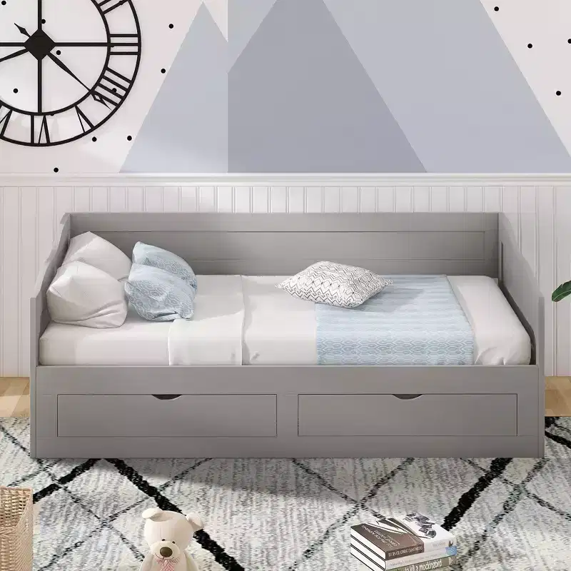 Twin Size Wooden Daybed with 2 Drawers, Extendable Bed, Easy Assembly, Gray